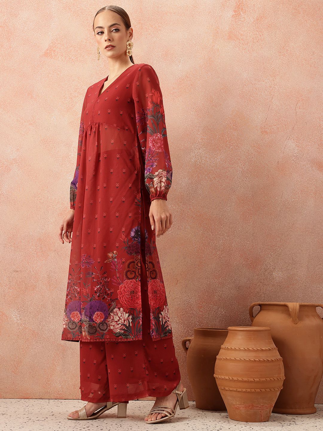 all about you Women Floral Printed Pleated Kurta with Trousers & Dupatta