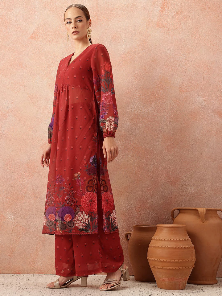 all about you Women Floral Printed Pleated Kurta with Trousers & Dupatta