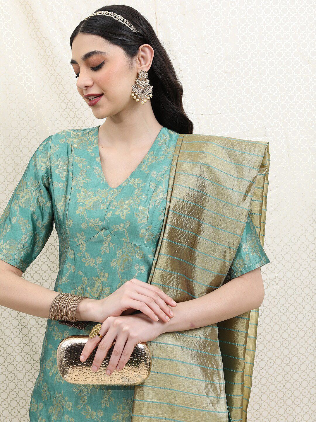 Vishudh Women Poly Brocade Kurta with Trousers & Dupatta