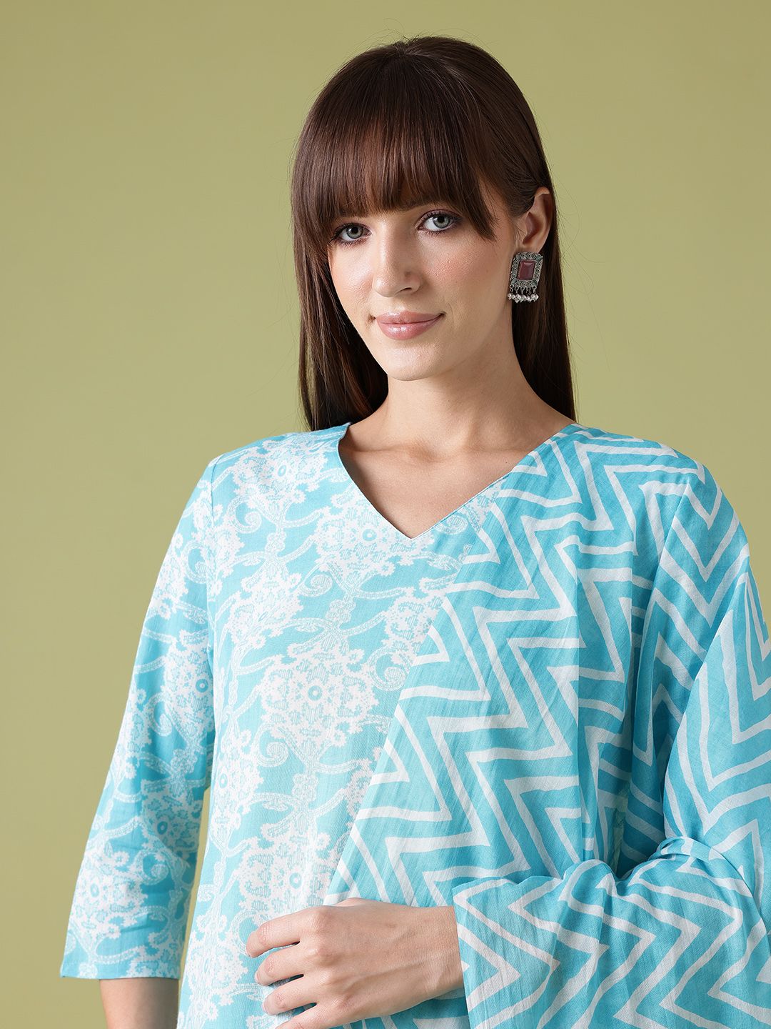 Anouk Floral Printed Pure Cotton Straight Kurta with Trousers & Dupatta