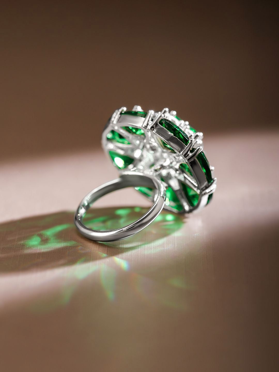 Rubans Rhodium Plated Emerald Green & White CubicZirconia Studded Adjustable Cocktail Ring