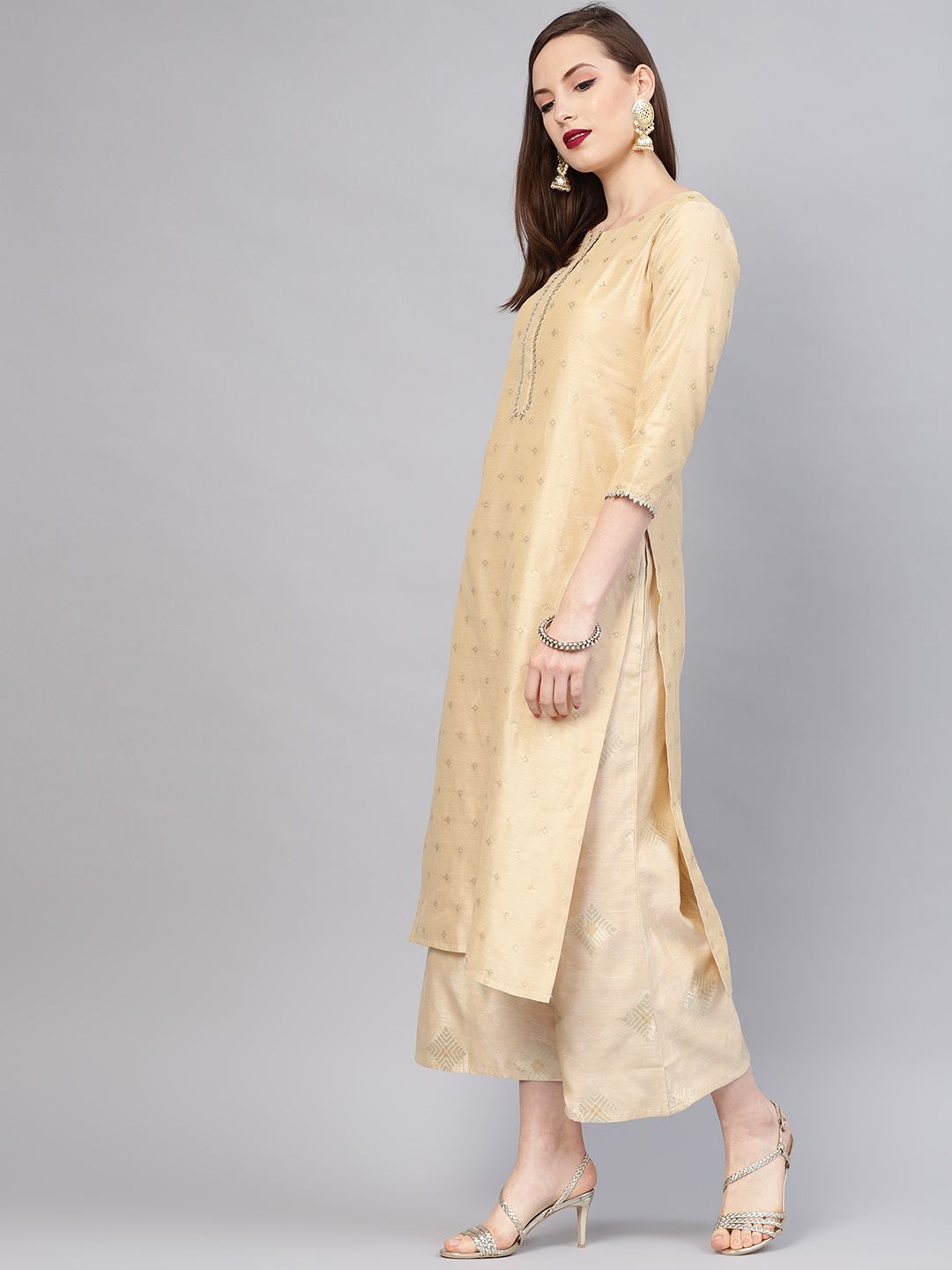 Libas Women Beige & Golden Self Design Kurta with Palazzos & Dupatta