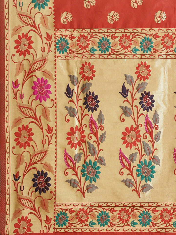 Saree mall Rust & Gold-Toned Floral Zari Silk Blend Handloom Sarees