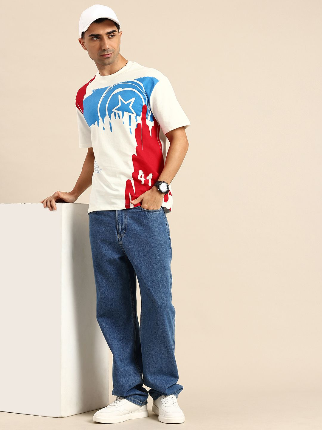 Being Human Captain America Printed Drop-Shoulder Sleeves Easy Fit Pure Cotton T-shirt