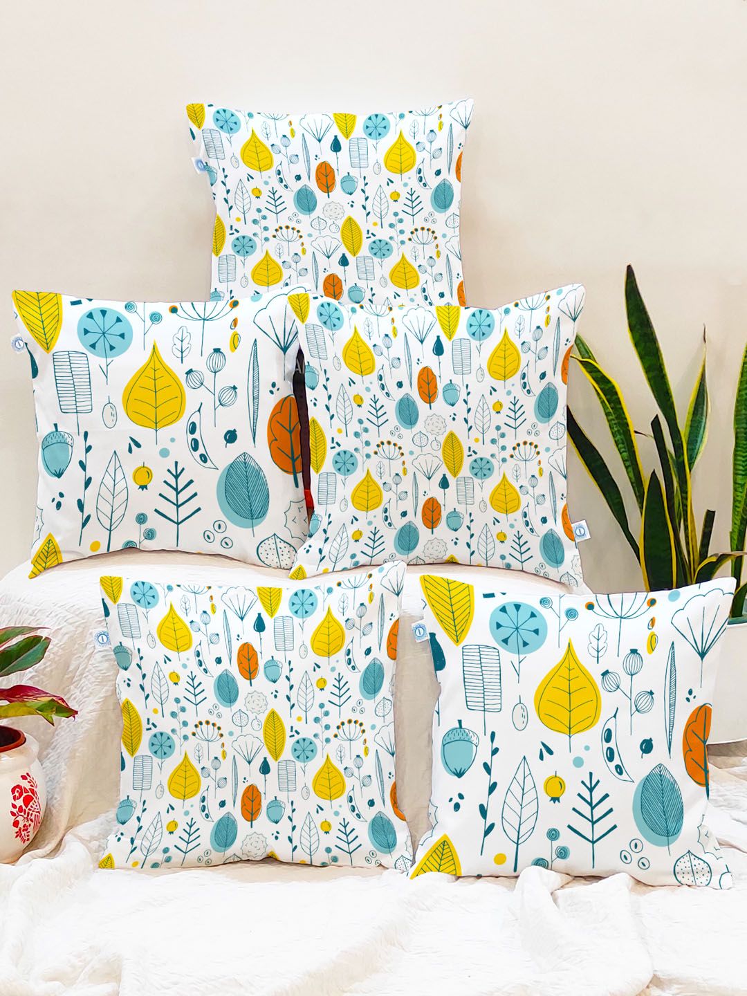 STITCHNEST Yellow & White Set of 5 Floral Square Cushion Covers