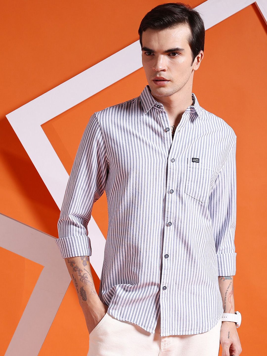 The Indian Garage Co Navy Blue Slim Fit Striped Pure Cotton Casual Shirt
