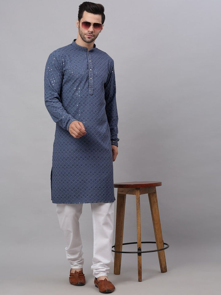 Jompers Men Grey Geometric Kurta