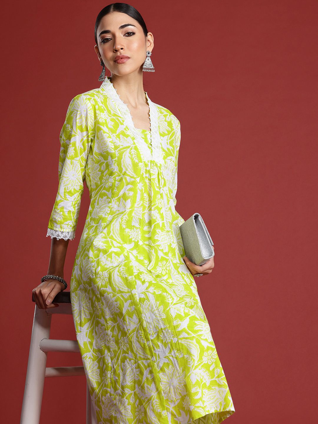 Indo Era Women Floral Printed Pleated Pure Cotton Kurta with Trousers