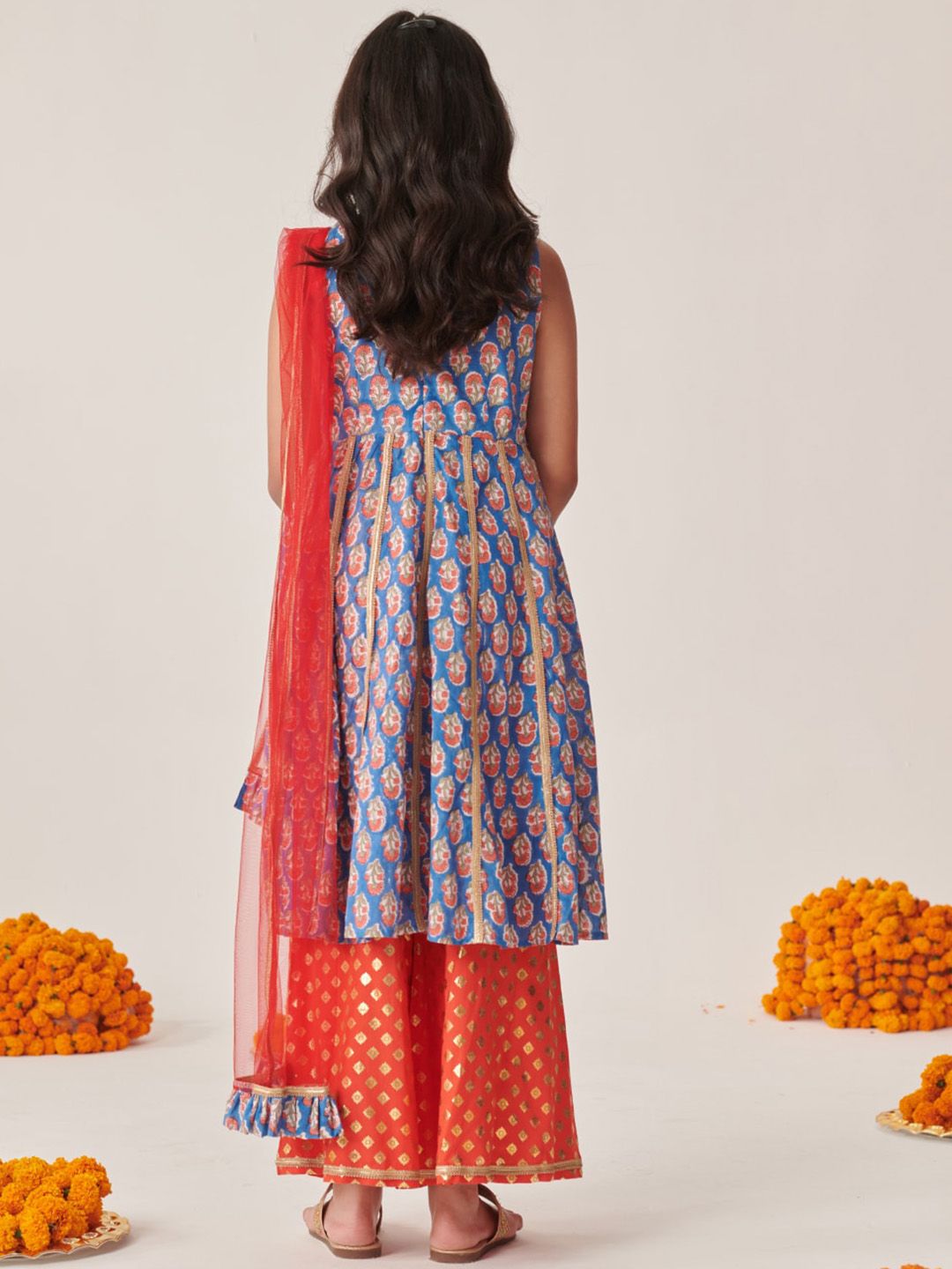 pspeaches Girls Floral Printed Empire Gotta Patti Kurta with Palazzos & With Dupatta