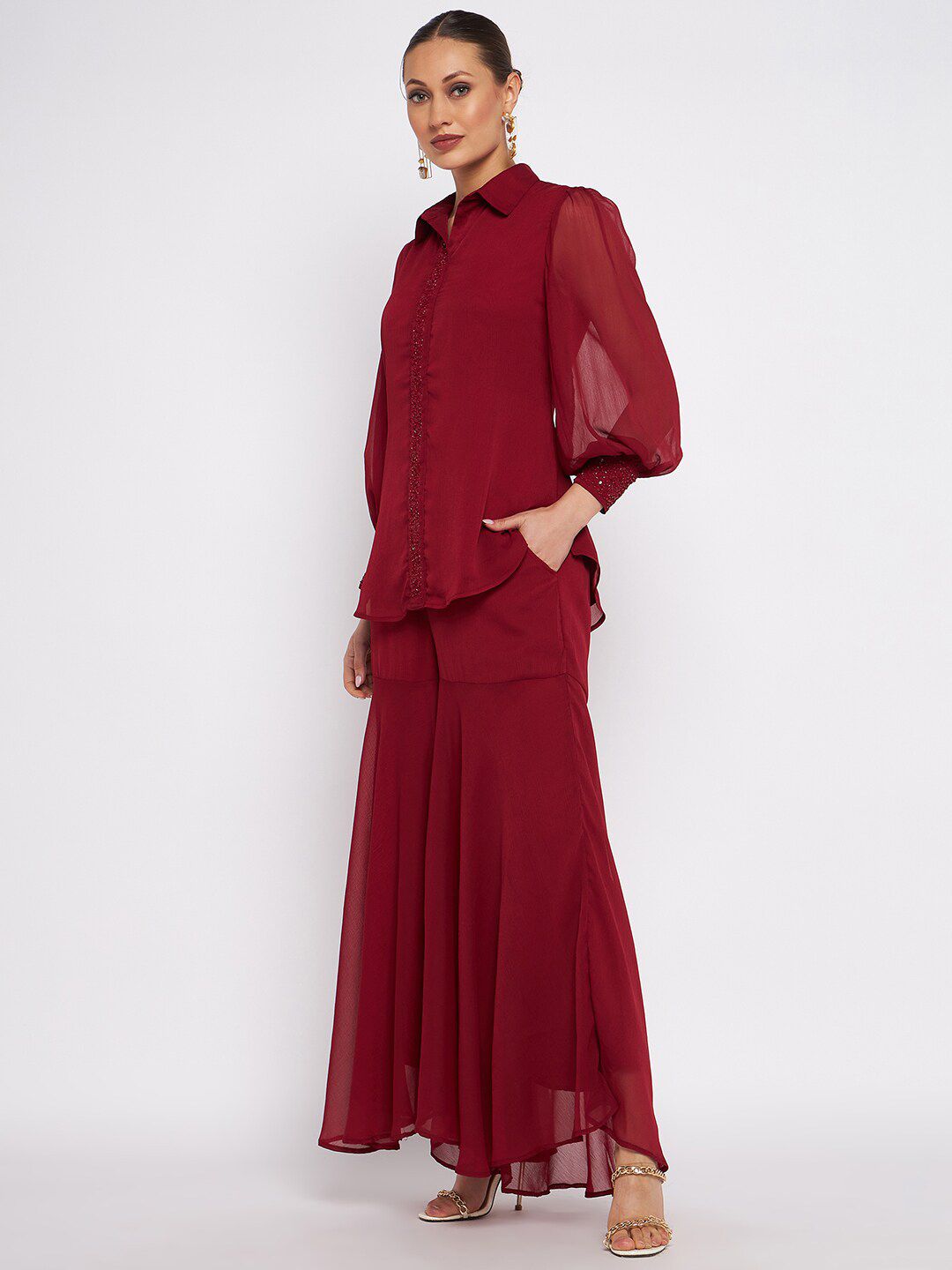 Antheaa Embellished Shirt Collar Long Sleeves Top & Sharara