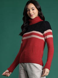 DressBerry Striped Turtle Neck Cable Knit Pullover