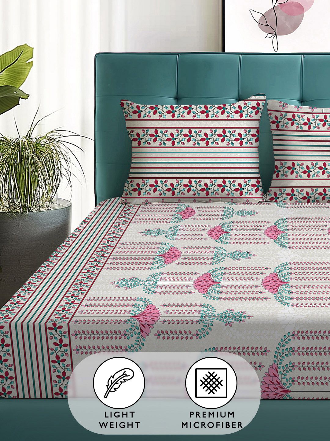 Story@home Arena Grey & Pink Floral Printed 180 TC Queen Bedsheet & 2 Pillow Covers