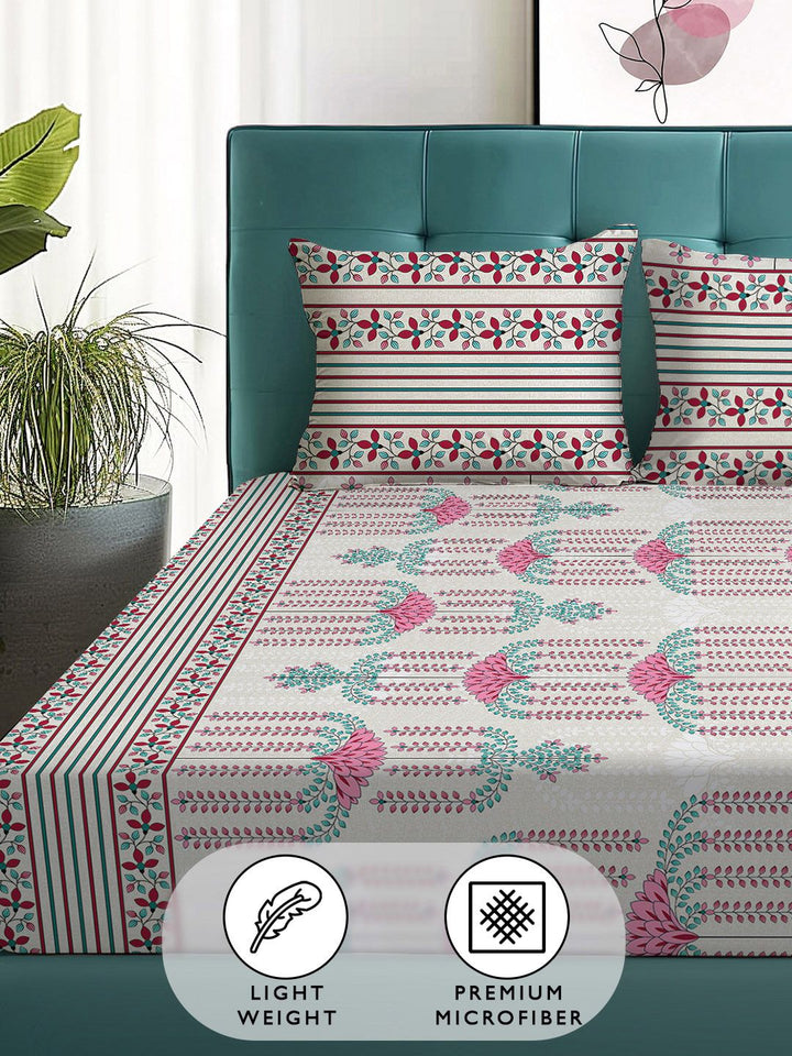 Story@home Arena Grey & Pink Floral Printed 180 TC Queen Bedsheet & 2 Pillow Covers