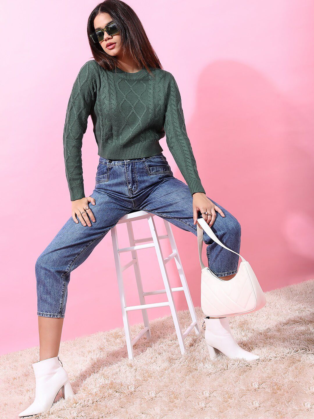 Tokyo Talkies Women Stunning Green Cable Knit Sweater