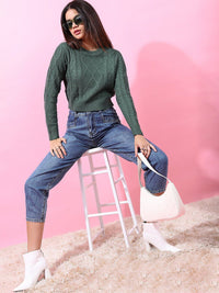 Tokyo Talkies Women Stunning Green Cable Knit Sweater