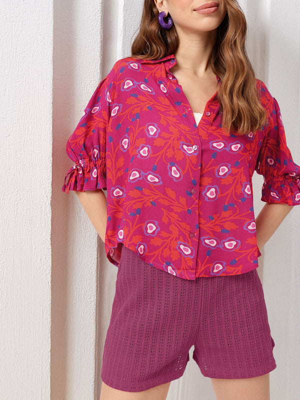 DressBerry Holiday Glam in Pink Printed Shirt Style Top