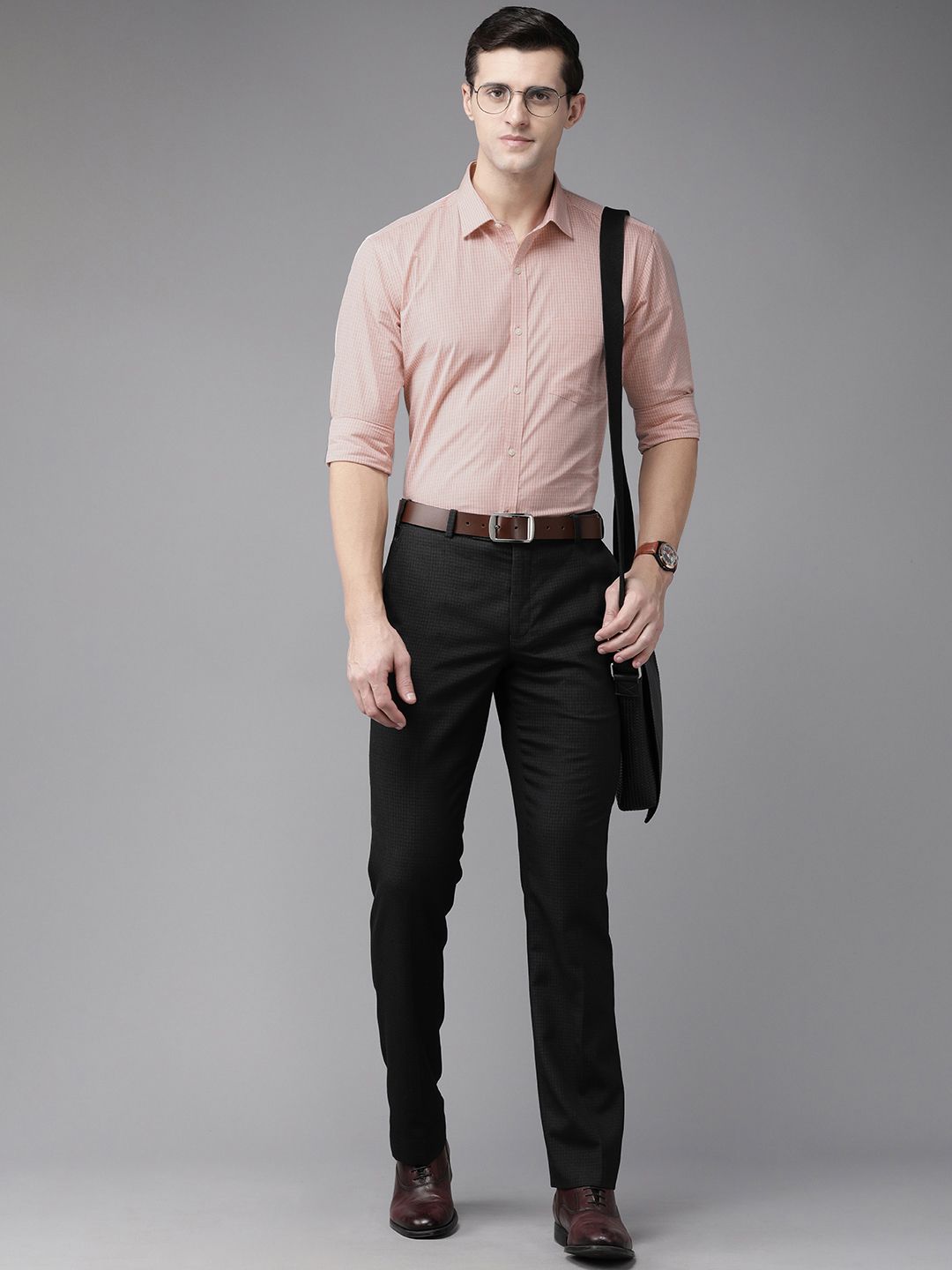 Park Avenue Men Dusty Pink Slim Fit Checked Pure Cotton Formal Shirt