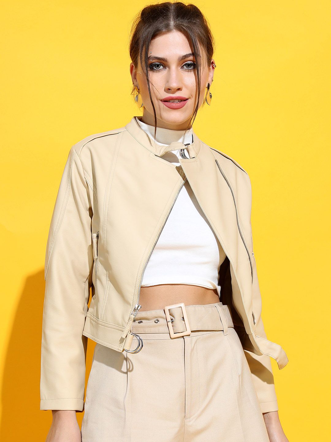 Tokyo Talkies Women Beige Crop Biker Jacket