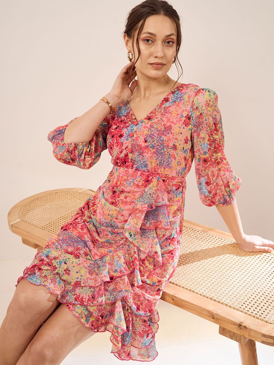 Antheaa Peach Floral Print V-Neck Puff Sleeve Layered Chiffon Wrap Dress