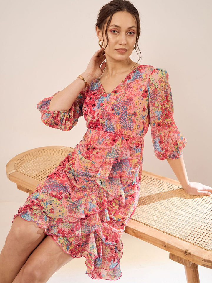 Antheaa Peach Floral Print V-Neck Puff Sleeve Layered Chiffon Wrap Dress