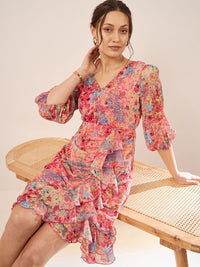 Antheaa Peach Floral Print V-Neck Puff Sleeve Layered Chiffon Wrap Dress