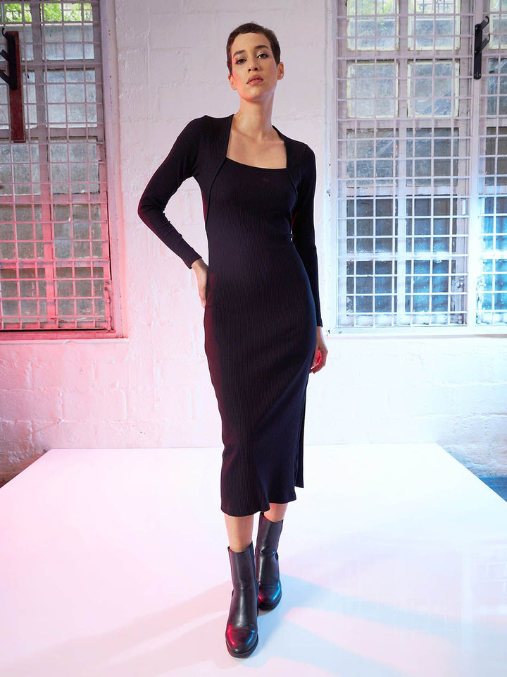 SASSAFRAS Black Square Neck Long Sleeve Sheath Midi Dress