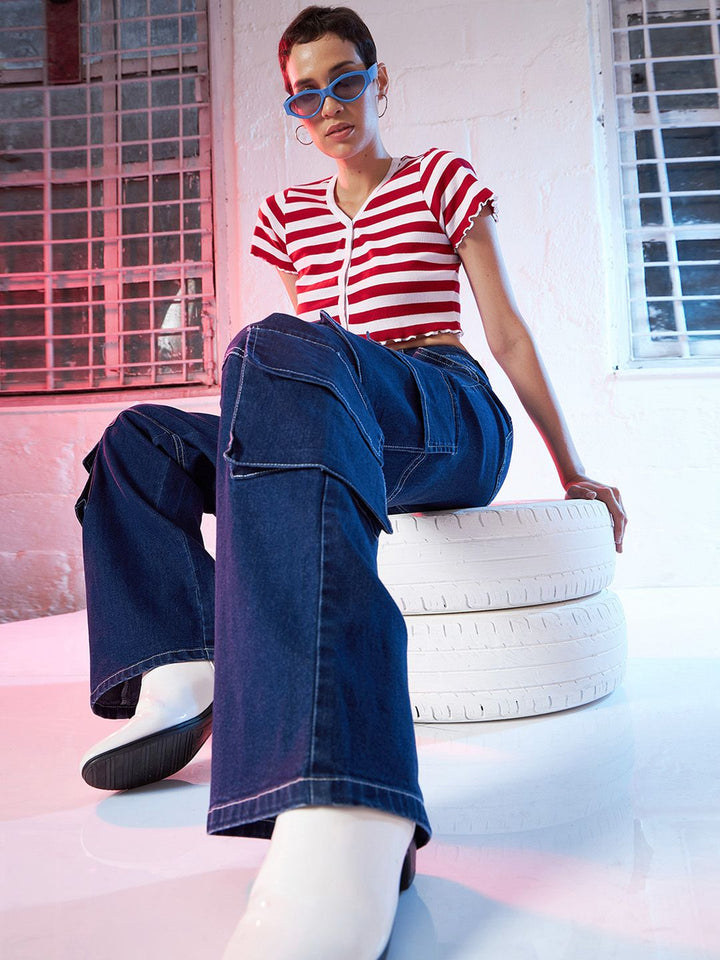 SASSAFRAS Women High Rise Straight Fit Clean Look Stretchable Cargo Jeans