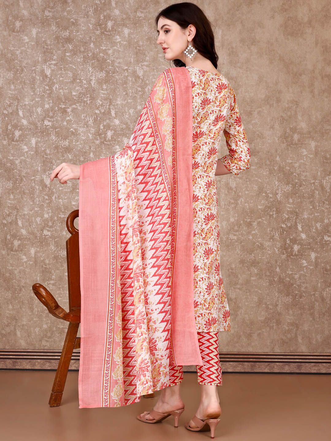KALINI Floral Printed Regular Straight Kurta With Trousers & Dupatta