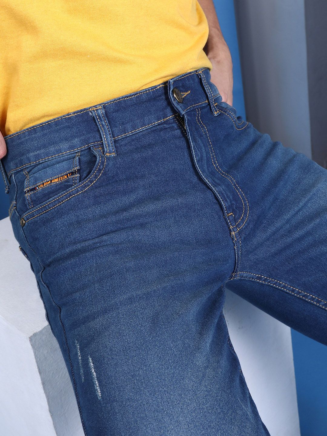 The Indian Garage Co Men Blue Slim Fit Low-Rise Low Distress Stretchable Jeans