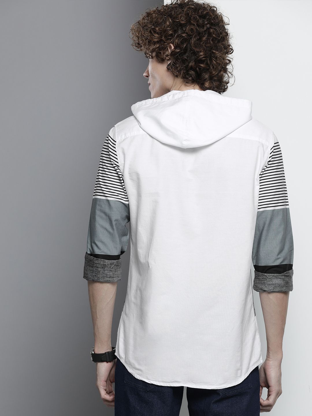 The Indian Garage Co Men Pure Cotton White & Grey Horizontal Striped Casual Shirt