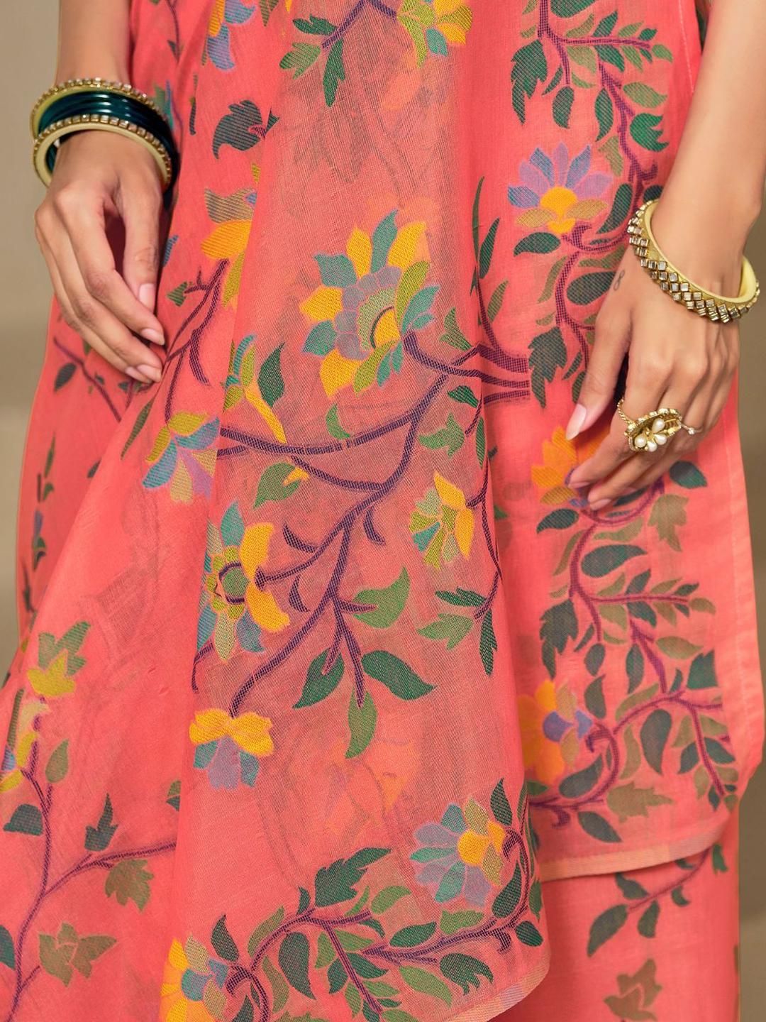 KALINI Orange Pure Cotton Woven Design Sarees