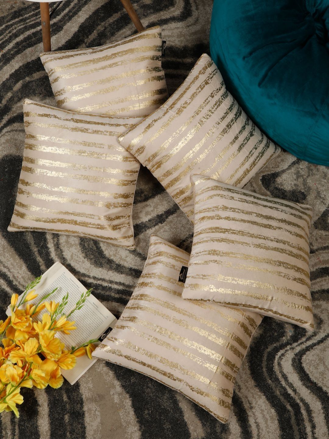 HOSTA HOMES Cream-Coloured & Gold-Toned Set of 5 Striped Velvet Square Cushion Covers