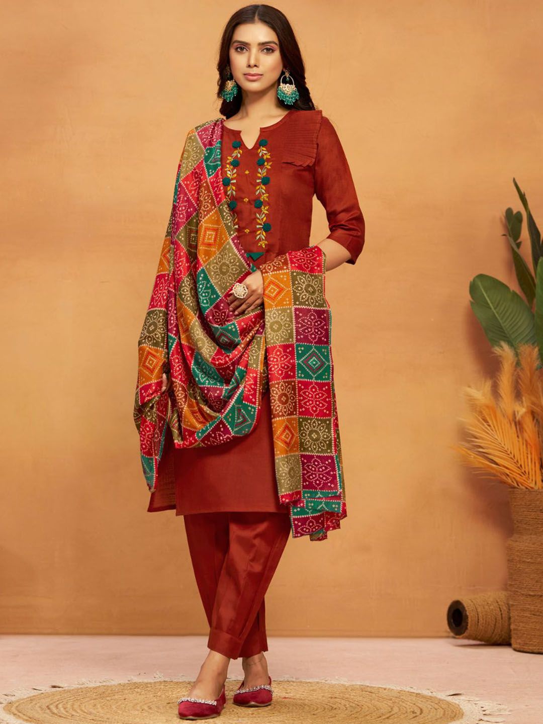 KALINI Ethnic Motifs Yoke Design Regular Thread Work Straight Kurta With Salwar & Dupatta