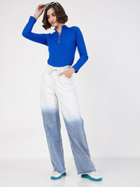 SASSAFRAS Blue Front Zipper Ribbed Top