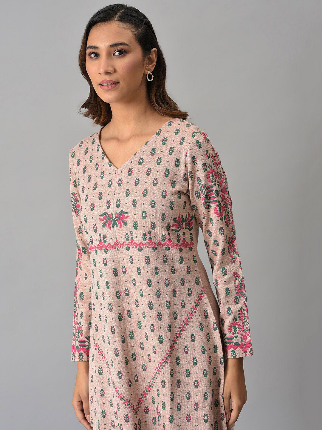W Women Pink Ethnic Motifs Printed V-Neck Kurta