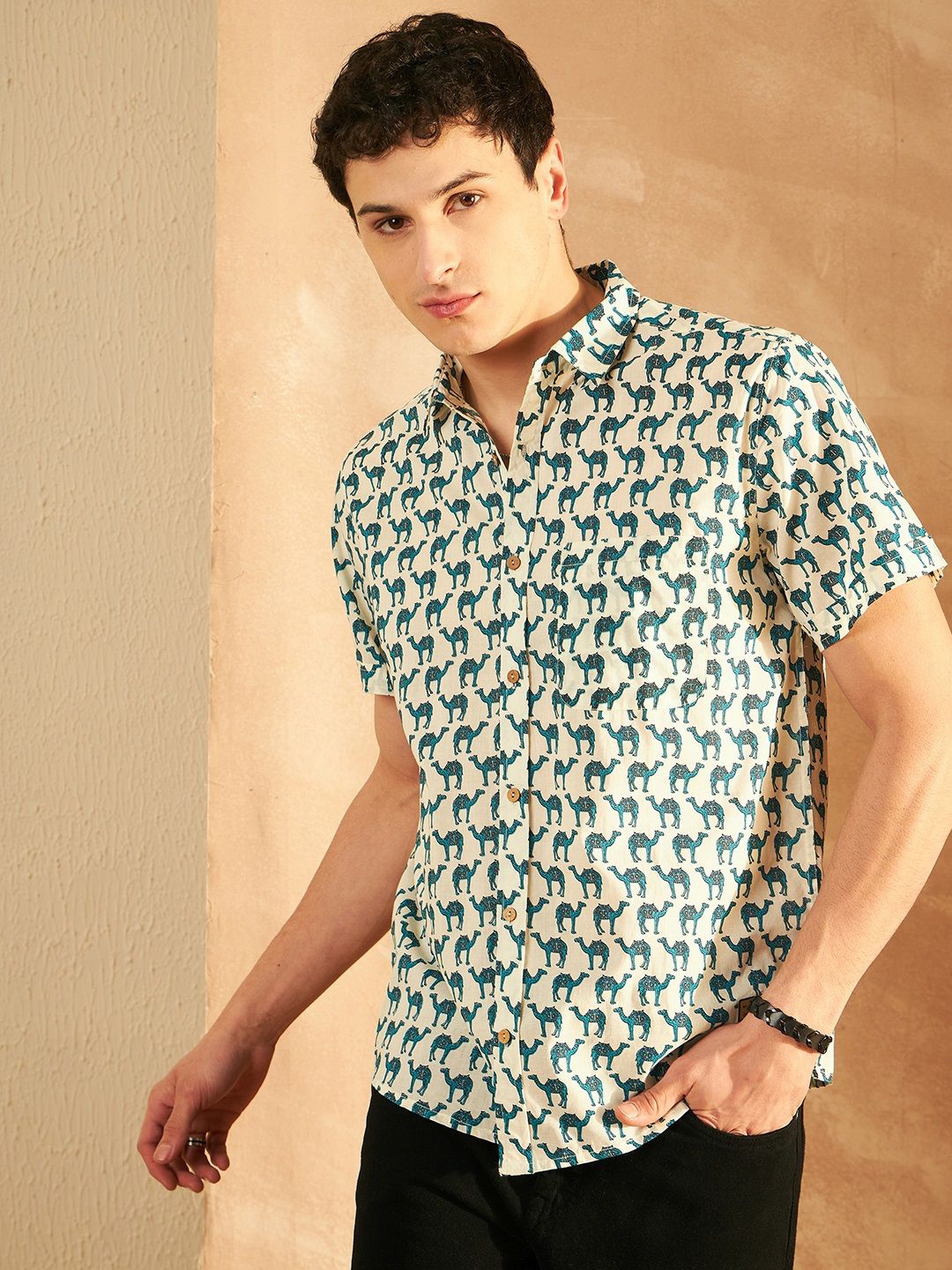DENNISON Smart Ethnic Motifs Printed Spread Collar Cotton Oversized Lightweight Shirt
