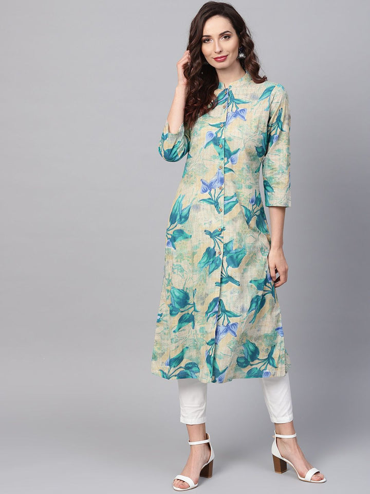 SOJANYA Women Blue & Beige Floral Print A-Line Kurta