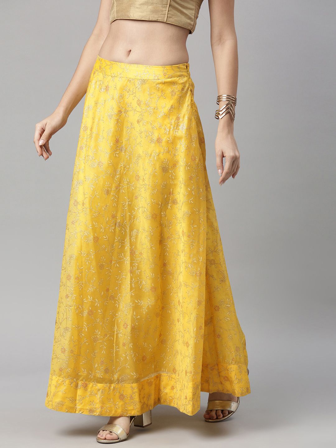 Global Desi Women Yellow Woven Printed Mid Rise Skirt
