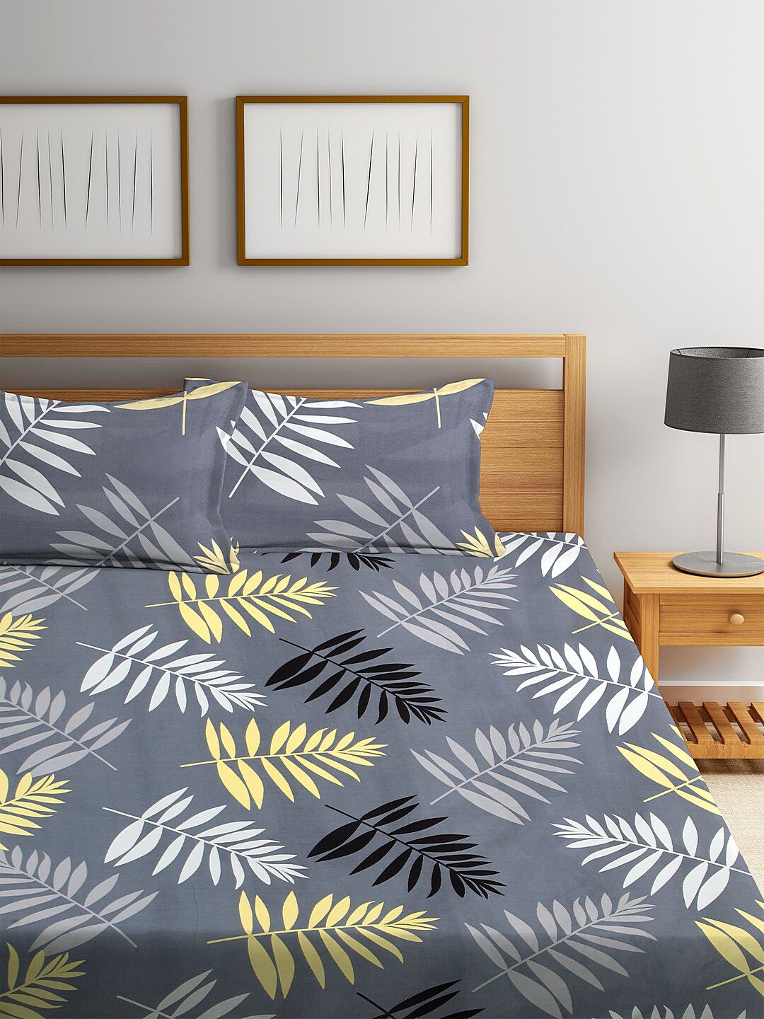 KLOTTHE Grey Leaf Printed Flat 300 TC King Fine Bedsheet with 2 Pillow Covers-250X225 cm