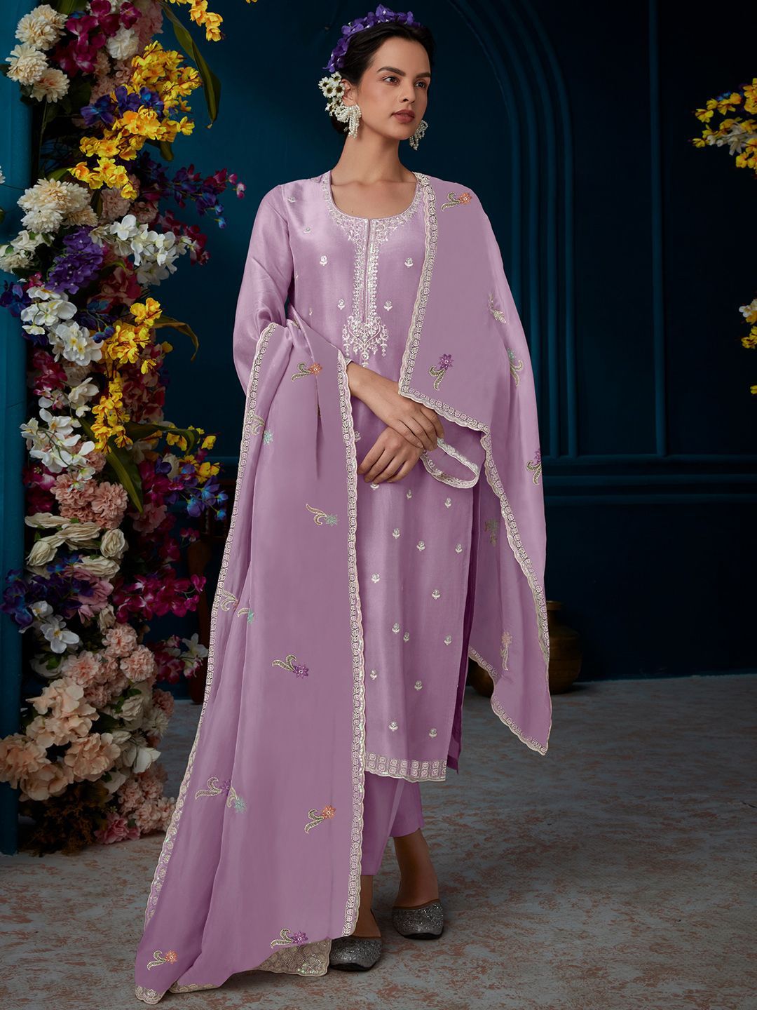 Indo Era Ethnic Motifs Embroidered Regular Beads And Stones Kurta With Trousers & Dupatta