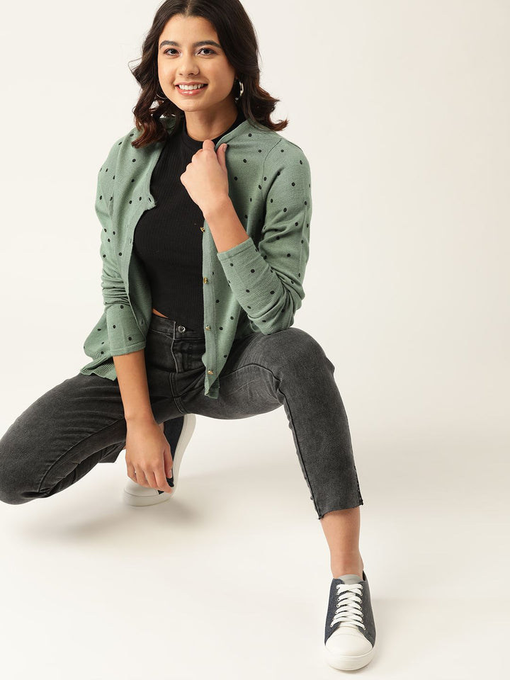 DressBerry Women Green & Black Printed Front-Open Sweater