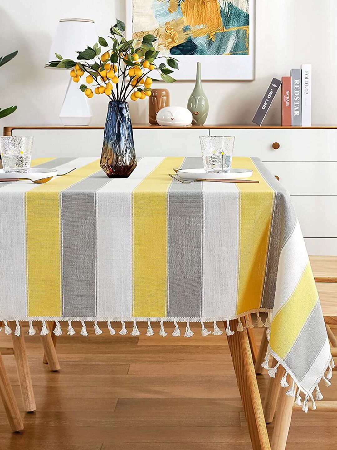 URBAN SPACE Yellow & Grey Striped 4-Seater Cotton Table Cloth