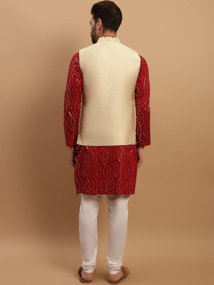 SOJANYA Embeoidered Sequinned Pure Cotton Kurta with Churidar & Woven Design Nehru Jacket