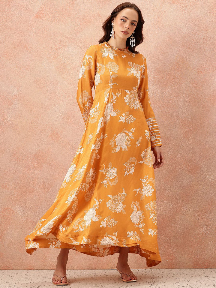 all about you Floral Printed Gotta Patti Detail Maxi Ethnic Fit & Flare Dress