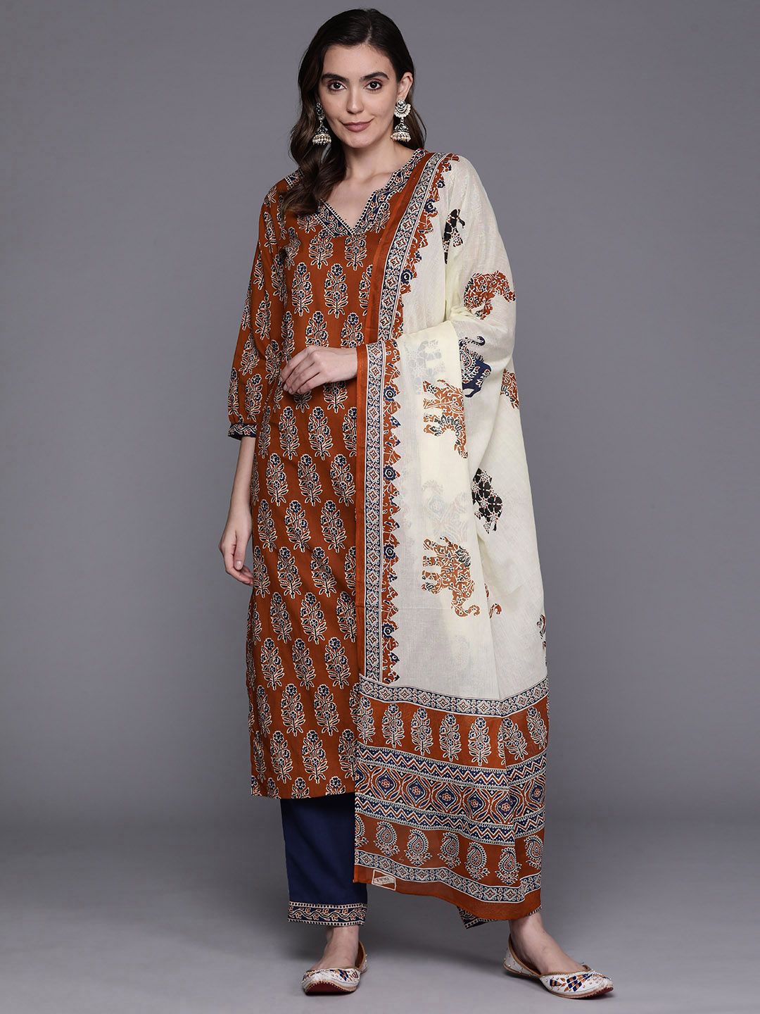 Indo Era Women Ethnic Motifs Printed Pure Cotton Kurta with Trousers & With Dupatta