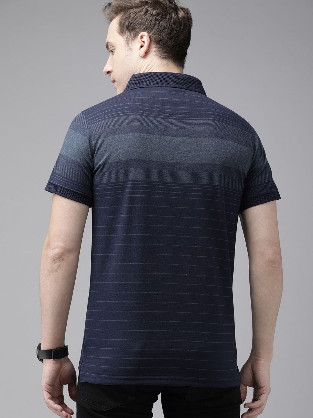 THE BEAR HOUSE Men Navy Blue & White Striped Polo Collar Slim Fit T-shirt