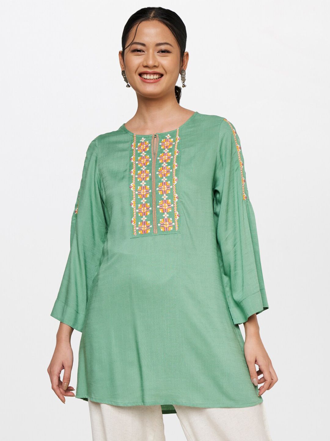 Global Desi Green & Yellow Embroidered Tunic