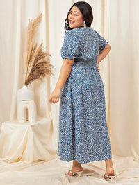 Berrylush Curve Blue Curve Floral Print Puff Sleeve Crepe Empire Midi Dress