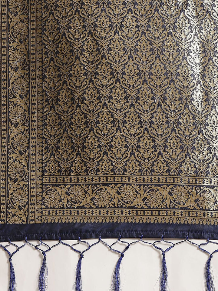 Saree mall Navy Blue & Gold-Toned Woven Design Zari Silk Blend Banarasi Sarees