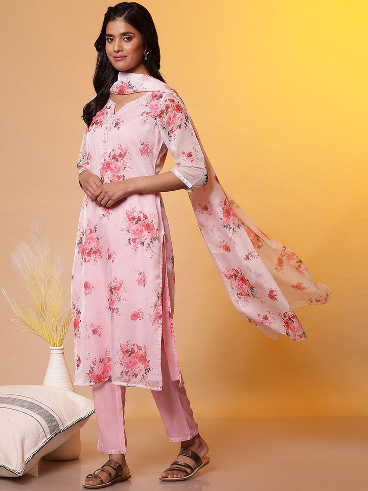 AURELIA Floral Printed Regular Thread Work Straight Kurta with Trousers & Dupatta
